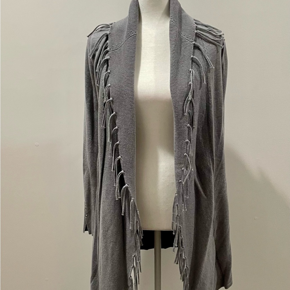 Gray Fringe Open Cardigan Sweater Coat